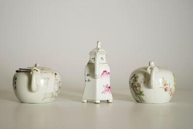 Two Chinese qianjiang cai teapots and a wine jug, 19/20th C.