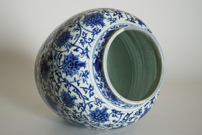 A Chinese blue and white lotus scroll vase, Ming, Wanli