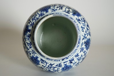 A Chinese blue and white lotus scroll vase, Ming, Wanli