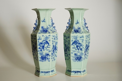 A pair of Chinese hexagonal blue and white on celadon ground vases with buddhist lions, 19th C.