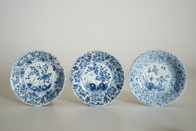 Six Chinese blue and white on capucin brown ground cups and saucers, Kangxi
