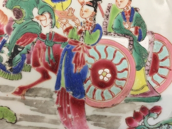 A pair of Chinese famille rose plates with a lady in a chariot, Yongzheng