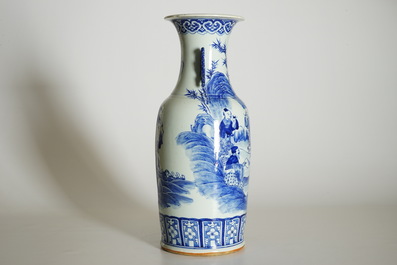 A tall Chinese blue and white vase with Liu Hai and the toad, 20th C.