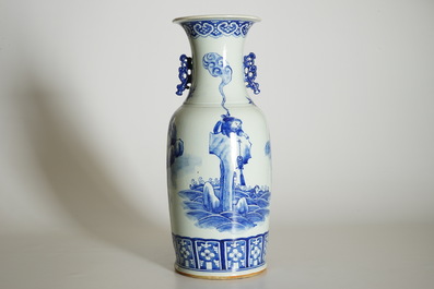 A tall Chinese blue and white vase with Liu Hai and the toad, 20th C.