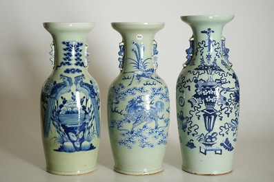Three tall Chinese blue and white on celadon ground vases, 19th C.