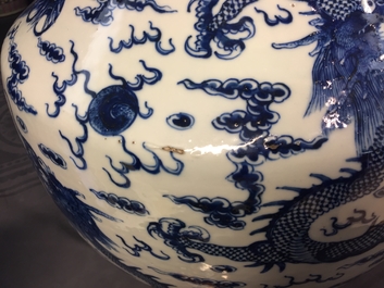A large Chinese blue and white "dragon" hu vase, 19th C.