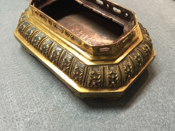 A pair of Chinese gilt bronze and cloisonne elephants on stands, 19th C.