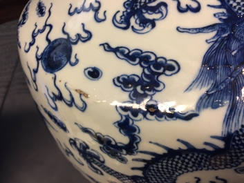A large Chinese blue and white "dragon" hu vase, 19th C.