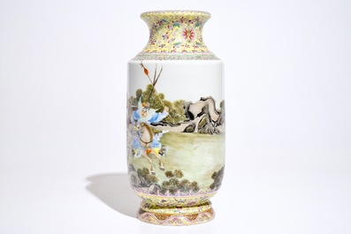 A Chinese famille rose warriors vase, Qianlong mark, Republic, 20th C.