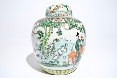 A large Chinese famille verte ginger jar and cover, 19th C.