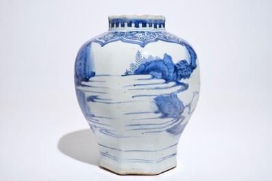 A Chinese blue and white octagonal baluster vase, Transitional period