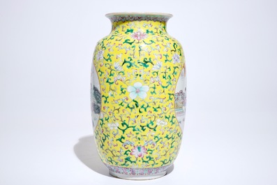 A Chinese yellow-ground famille rose vase, Qianlong mark, 19/20th C.