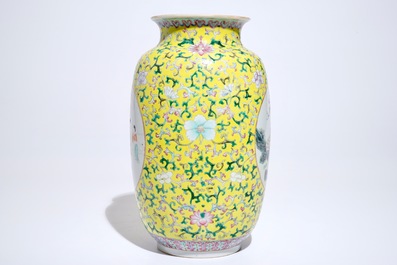 A Chinese yellow-ground famille rose vase, Qianlong mark, 19/20th C.