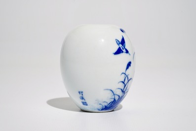A Chinese blue and white scholar&rsquo;s vase with a great reed warbler among reed, signed Wang Bu (1898&ndash;1968)
