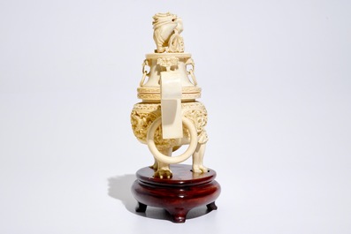 A Chinese carved ivory incense burner on stand, ca. 1900