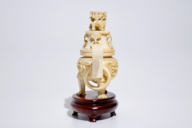 A Chinese carved ivory incense burner on stand, ca. 1900