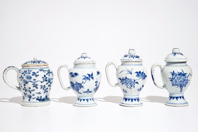 A set of three Chinese blue and white Hatcher cargo type mustard jars and covers, Transitional period