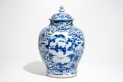 A large Chinese blue and white baluster vase and cover with figural medallions, Wanli