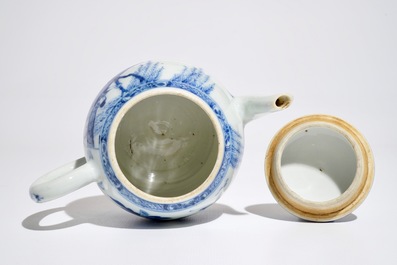 Een Chinese blauwwitte theepot met sc&egrave;ne uit &quot;De Romance van de Westelijke Kamer&quot;, Yongzheng