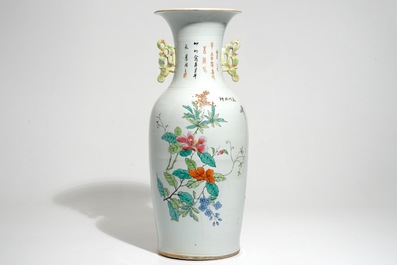 A tall Chinese famille rose double design vase, 19/20th C.