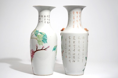 Two tall Chinese qianjiang cai vases with birds on blossoms, 19/20th C.