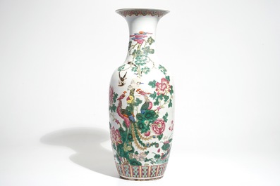 A tall Chinese famille rose vase with pheasants and peacocks, 19th C.