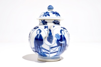 A Chinese blue and white Long Eliza teapot, Yu mark, Kangxi