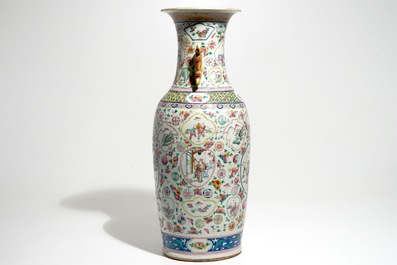 A tall Chinese famille rose vase with an elephant, 19th C.