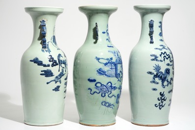 Three tall Chinese blue and white on celadon-ground vases, 19th C.