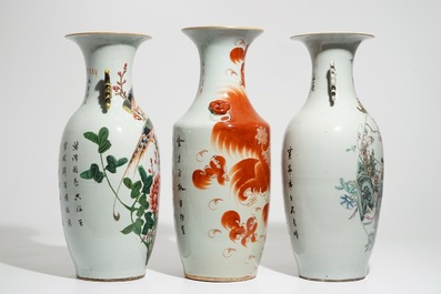 Three tall Chinese famille rose and iron-red vases, 19/20th C.