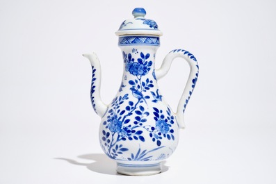 A Chinese blue and white covered jug with birds among flowers, Kangxi