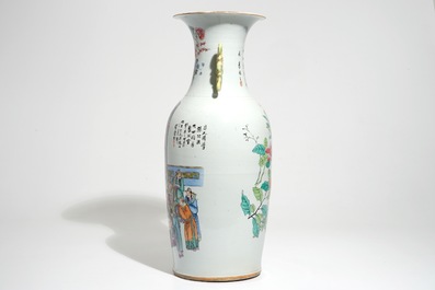 A tall Chinese famille rose double design vase, 19/20th C.