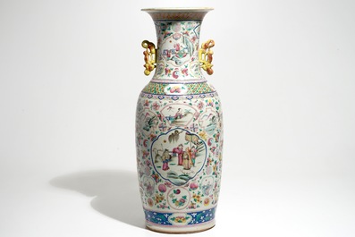 A tall Chinese famille rose vase with an elephant, 19th C.