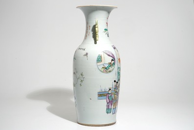 A tall Chinese famille rose double design vase, 19/20th C.