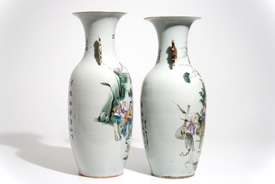 Two tall Chinese famille rose vases with calligraphy, 19/20th C.