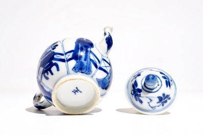 A Chinese blue and white Long Eliza teapot, Yu mark, Kangxi