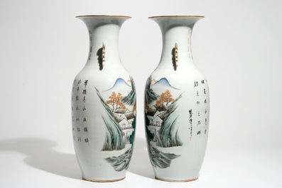 A pair of tall Chinese qianjiang cai landscape vases, 19/20th C.