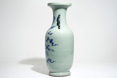 A tall Chinese blue and white celadon-ground vase with a dragon and a phoenix, 19th C.