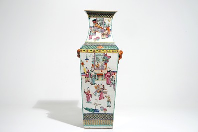 A square Chinese famille rose vase with court scenes, 19th C.