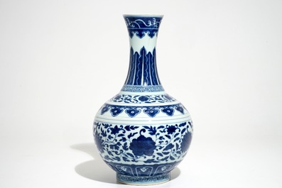A Chinese blue and white Ming-style bottle vase, Guangxu mark, 20th C.