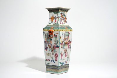 A square Chinese famille rose vase with court scenes, 19th C.