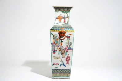 A square Chinese famille rose vase with court scenes, 19th C.