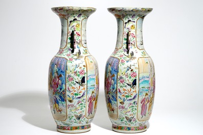 A pair of fine tall Chinese Canton famille rose vases, 19th C.