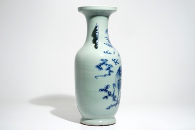 A tall Chinese blue and white celadon-ground vase with a dragon and a phoenix, 19th C.