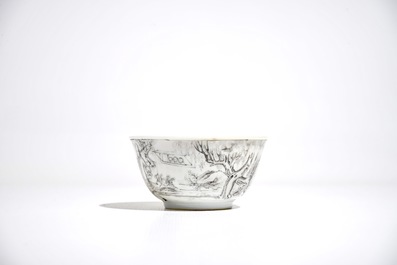 A Chinese grisaille cup and saucer with Europeans, Yongzheng