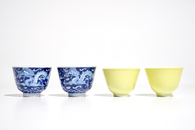 Two pairs of Chinese tea bowls in monochrome yellow and blue and white, 19/20th C.