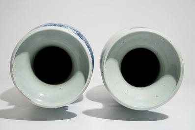 Two tall Chinese blue and white landscape vases, 19/20th C.