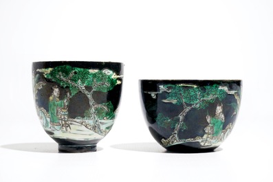 Two Chinese famille noire tea bowls, 19th C.