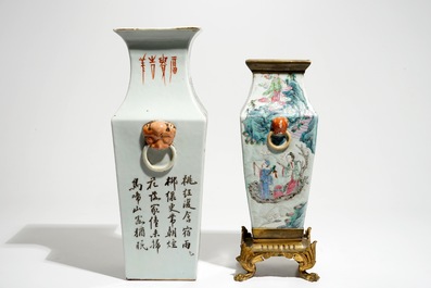 Een vierkante Chinese qianjiang cai vaas en een famille rose vaas met bronsmontuur, 19/20e eeuw