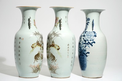 A pair of Chinese famille rose vases and four celadon-ground vases, 19/20th C.